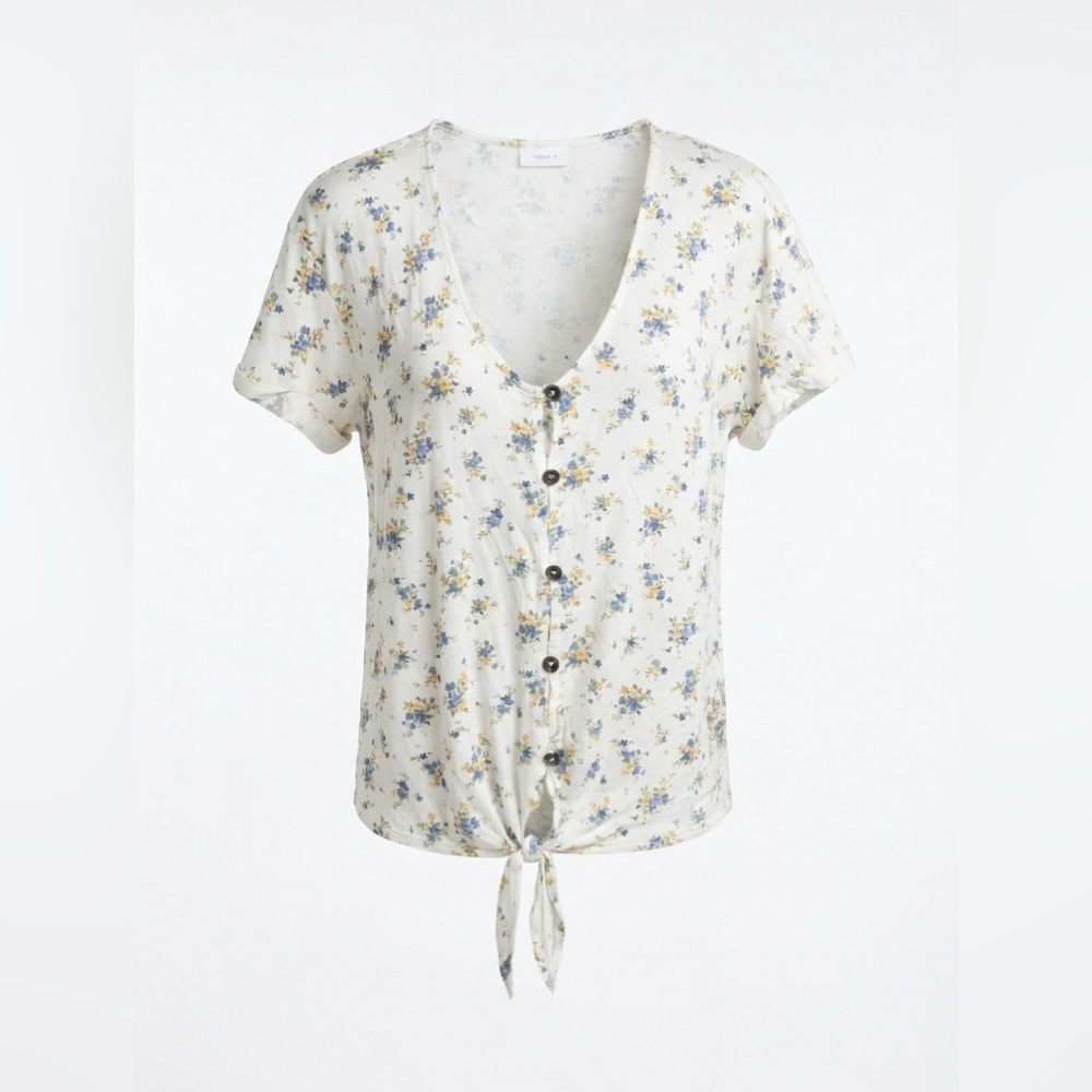American Eagle Outfitters Cream Floral Tie-Front Button Shirt